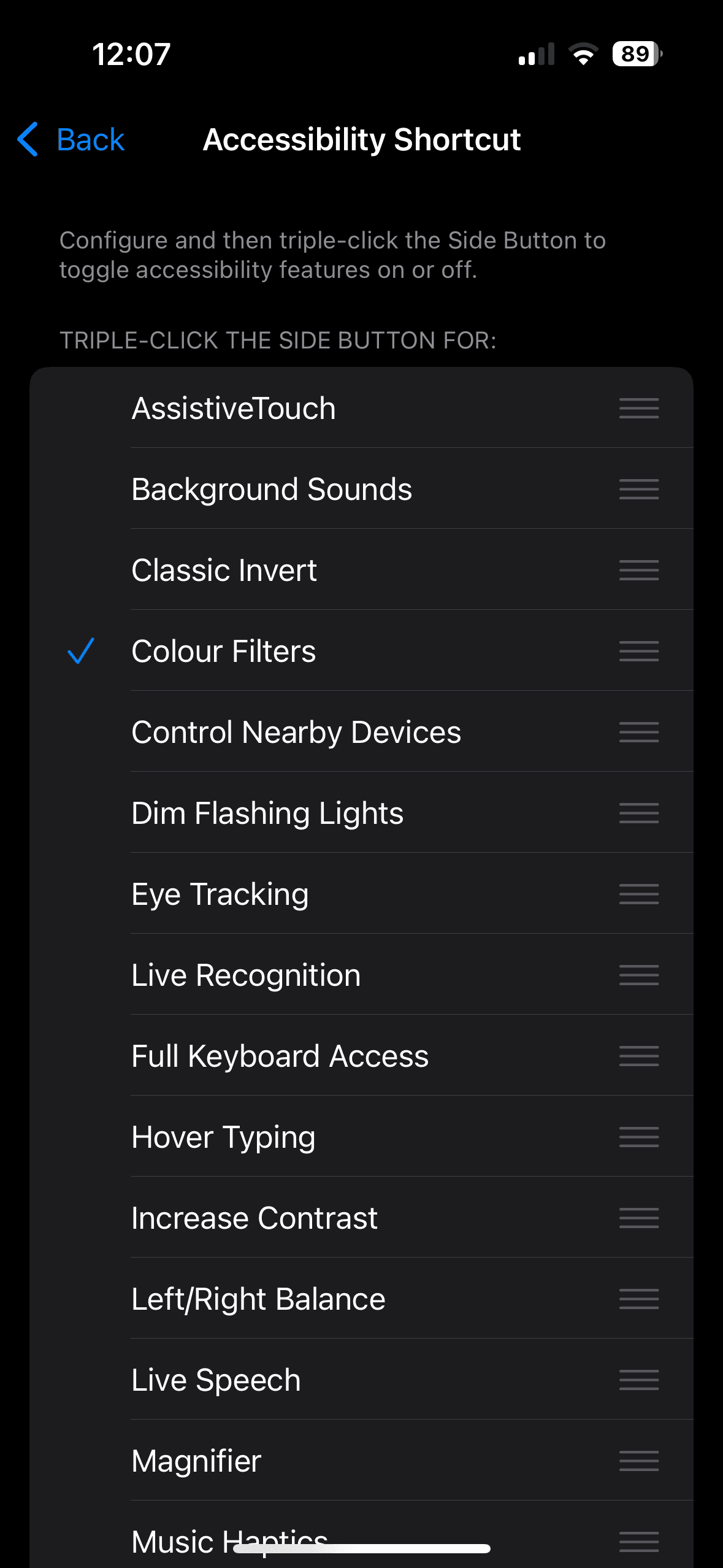 Accessibility Shortcut settings showing Colour Filters selected
