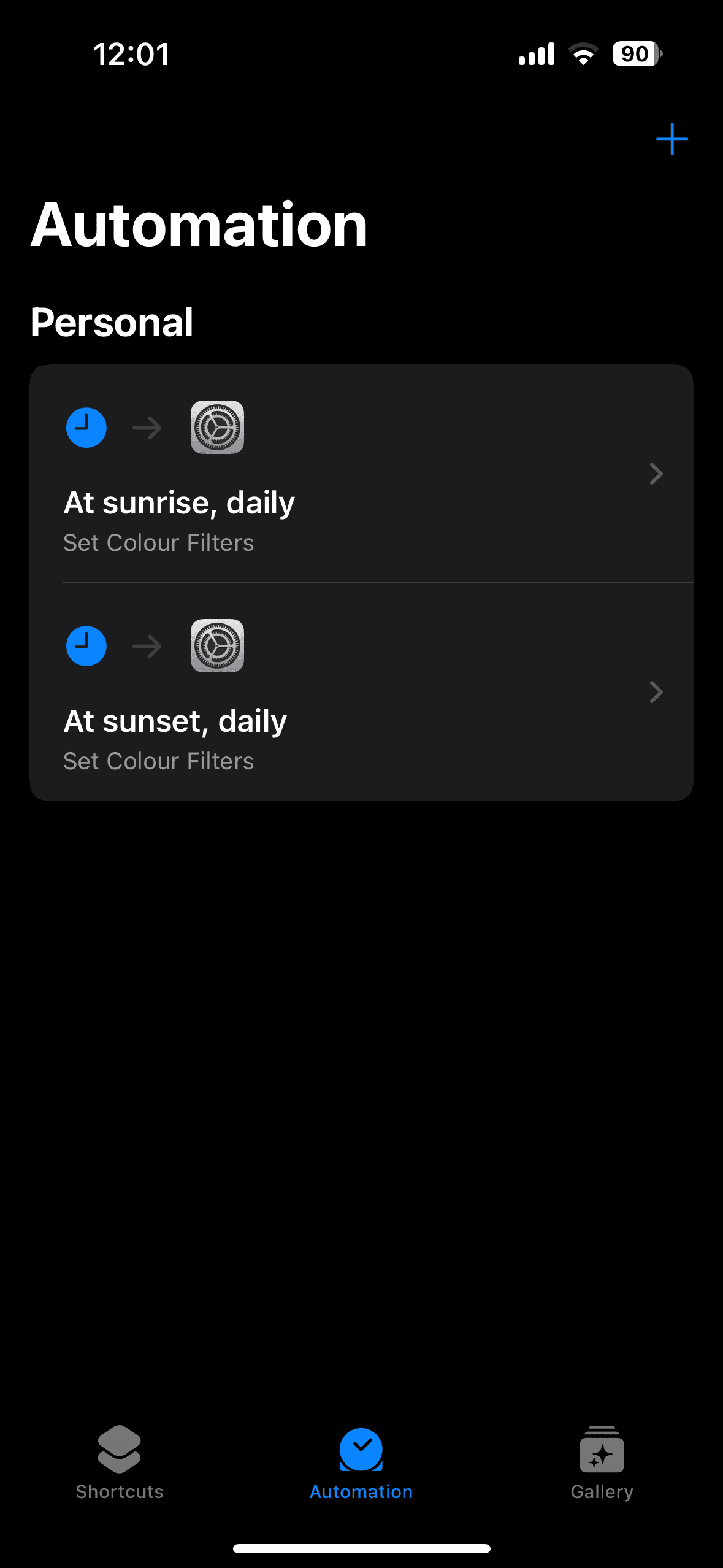 Automation tab showing both sunrise and sunset automations for Color Filters
