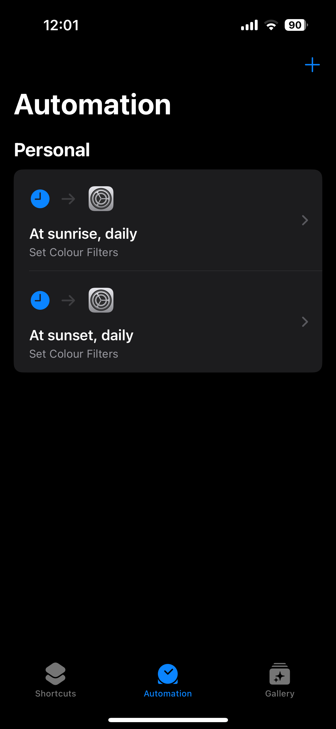 Automation tab showing both sunrise and sunset automations for Color Filters