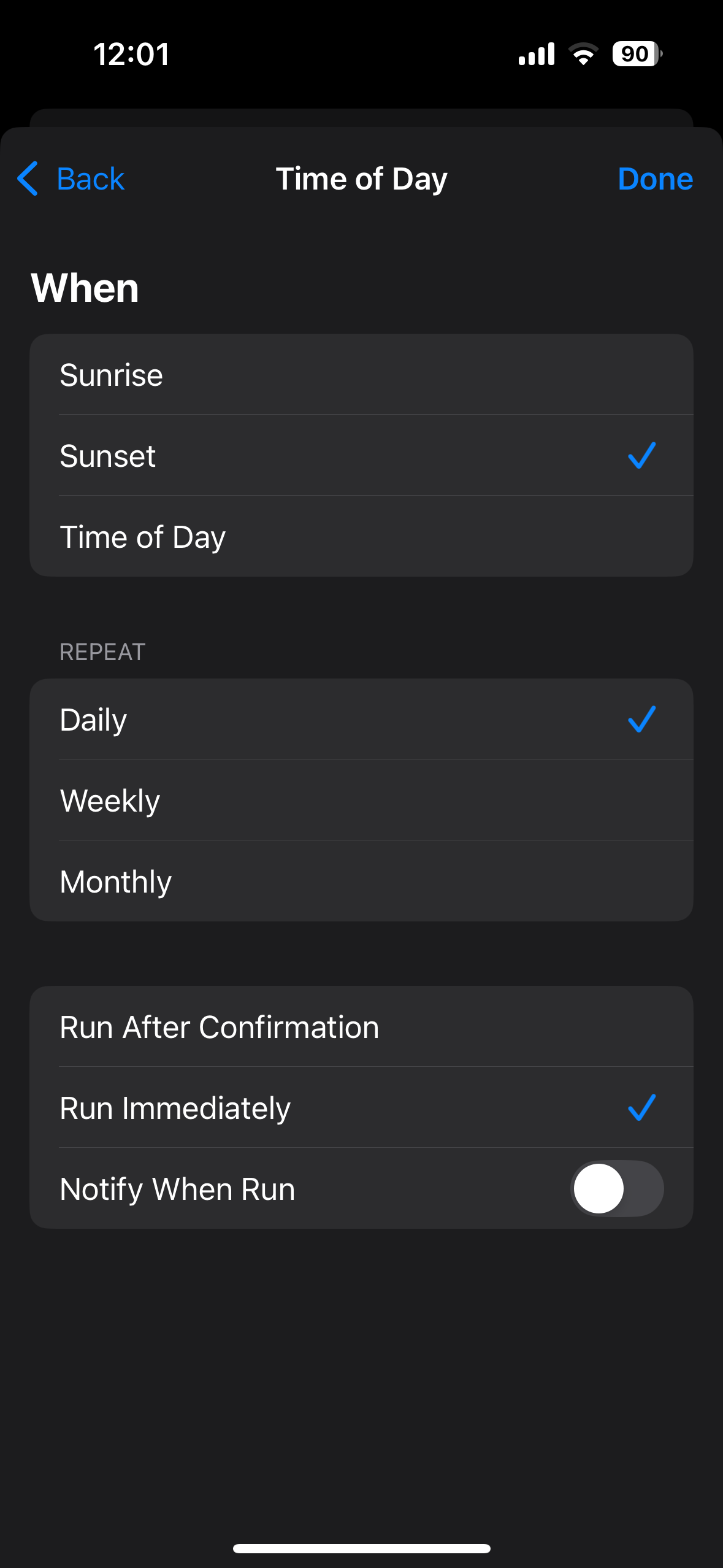 Sunset automation settings showing Sunset selected with Daily repeat